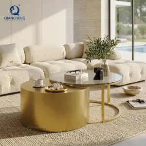 Modern Luxury Round Gold Nesting Coffee Table Set Hammered Glass Top Stainless Steel Center Table for Living Room Furniture