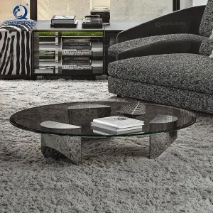 QIANCHENG Luxury Furniture Nesting Mesas De Centro De Lujo Brass Stainless Steel Tempering Black Glass Coffee Table