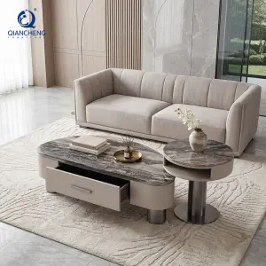 Foshan Factory Coffee Table Set with Drawer 20mm Manmade Marble Top 201 Stainless Steel Nesting Center Table OEM Wholesale