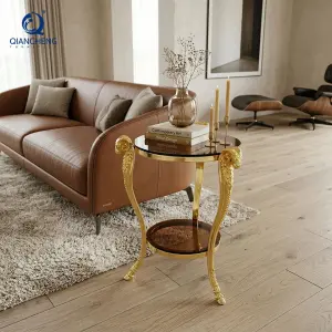 Customize Luxury Modern Rams Head Electroplating Small Glass Top Coffee Side Table With Golden Stainless Steel Frame