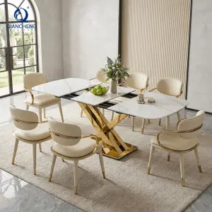 Customized Modern Furniture Space Saving Iron Metal Feet Dinning Table Stone Slate Top White Extendable Dining Table