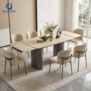 Modern Luxury Dining Room Furniture Black Metal Leg Rectangular Multifunctional Telescopic Rock Beam TOP Dining Table