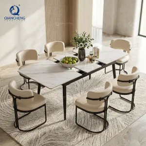 Modern Extendable Dining Table with Carbon Steel Base Sintered Stone Top for Home Restaurant Hotel Use Multi-Seat Configuration