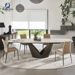 Qiancheng 70.8 Inch Extendable Dining Table Grey Rectangle 12mm Marble Ceramic Top Carbon Steel Frame With Black Powder Coating