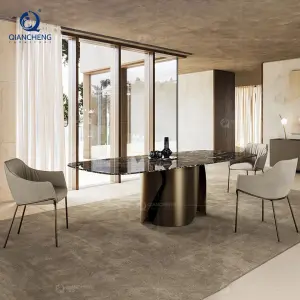 Nordic Space Saving Modern Furniture Extendable Sintered Stone Slate Top Dining Table 6 Chair Set Metal Frame Hotel Living Room
