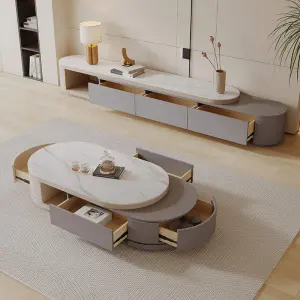 Luxury Cream Style Telescopic Stone Tea Table TV Cabinet All-in-one Modern Simple Living Room Large and Small Tea Table