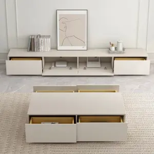 Cream Style Solid Wood TV Cabinet and Coffee Table Set, Light Luxury Living Room White Home Small Apartment Floor TV Cabinet