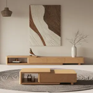 Living Room New TV Cabinet Extendable Coffee Table Set Natural Wood Style Modern Minimalist TV Cabinet for Small Spaces