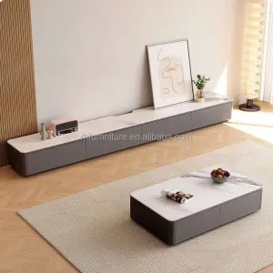 Solid Wood Floor-standing TV Cabinet and Coffee Table Set, Italian Minimalist Living Room French Stone Floor Cabinet