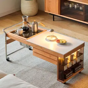 Factory Wholesale IGT Durable Modern Coffee Table with Wheels Solid Wood Rectangular Living Room Side Table Furniture