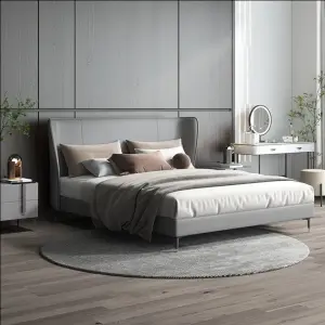 Auxford High Quality Luxury Genuine Leather King Size Bed Frame Oversize Headboard Solid Wood Construction Customizable Size