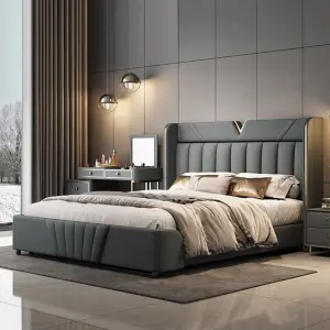 Italy New Design Modern Comfortable Black King Size Leather Bed with Wood Frame Bedroom Furniture