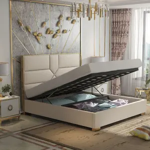 Auxford PU Leather Fabric Headboard Bedroom Storage Bed with Wooden Frame Modern Design Customizable Size