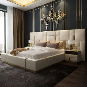 Auxford Customized Luxury Bedroom Furniture Set King Size Modern Tufted Solid Wood Frame Genuine Leather Bed Storage Oversize