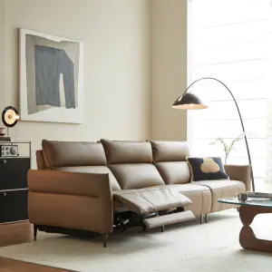 Furnistyle 3-meter Tan Pure Leather Sofa Set Concise Recliner with Sponge Filling for Hotels and Living Room