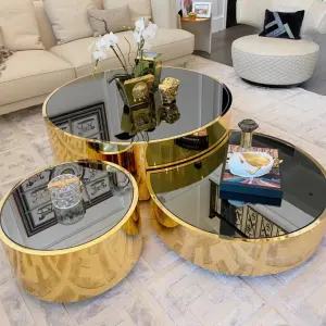 Hot Sales Creative Glass Top Coffee Table Set Glossy Matte Gold Stainless Steel Frame Wooden Marble Center Three Sizes Available