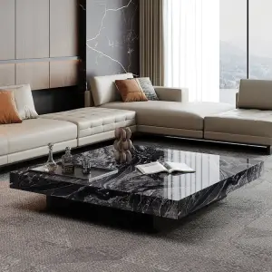 Italian Design Light Luxury Living Room Furniture Square Marble Coffee Table with Stainless Steel Base Solid Wood Material