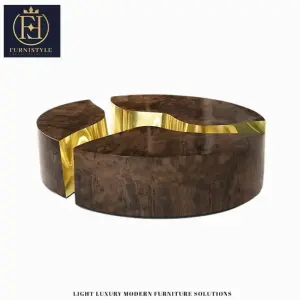 Furnistyle High-End Luxury Round Coffee Table Unique Split Design Walnut Veneer Gold Accents Living Room Furniture for Villas