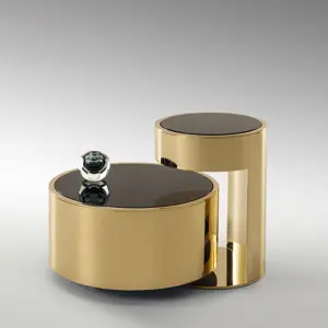 Furnistyle High-End Modern Design Round Sofa Side Table Luxury Black Glass Top Coffee Table for Living Room