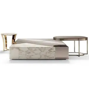 Furnistyle Custom Luxury Home Decor Minimalist Modern Low Height White Square Glass Top Marble Coffee Table for Living Furniture
