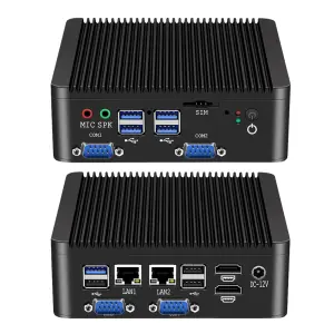 Fanless Mini PC Intel Pentium J5005 Processor 4x COM RS485 RS232 2xHDMI 8xUSB SIM Slot LVDS GPIO TPM2.0 Win10/11 Linux WiFi 4G
