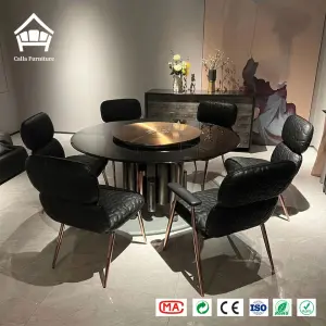 Artistic Modern Luxury Dining Table Set Glass Top with Lazy Susan Gold Metal Base 6 Upholstered Chairs Home Turnkey Solution
