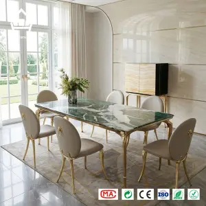Modern Minimalist Marble Top Dining Table with Chairs Set Luxury Stainless Steel Base Sideboard Cabinet Villa Mansion Furniture