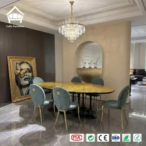 Bespoke High-end Restaurants Commercial Dining Set with Brass Table and Emerald Green Velvet Chairs for Boutique Mansion Decor