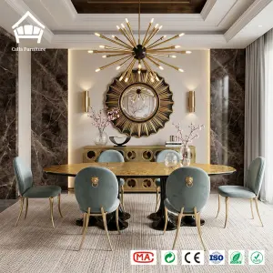Luxury Hotel Project Dining Set Gold Brass Finish Large Round Dining Table with 6 8 10 Velvet Chairs Restaurants Furniture
