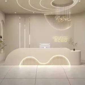 Luxury Cream Style Double Wave Curved Reception Desk with LED Light for Beauty Salon