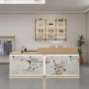 Custom Modern Marble Effect Reception Desk Wood Veneer Front Desk with LED Light for Office Salon Boutique