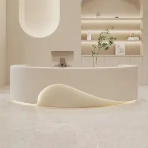 Modern Minimalist Reception Desk Cream Style Curved Front Desk with LED Light for Spa Salon Hotel