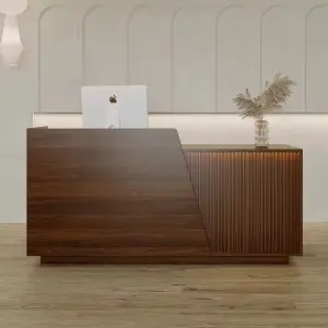Custom Modern Fluted Wood Reception Desk with LED Light Multi-Color Counter for Office Salon Hotel