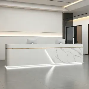 Custom Modern Marble Effect Reception Desk Metal Accent Front Desk with LED Light for Corporate Office Hotel