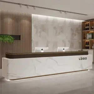Modern Reception Desk with Custom Logo Marble Effect LED Base Light Cashier Counter for Corporate Office Commercial Building