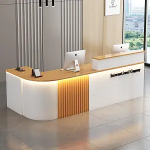 Custom L Shape Reception Desk Minimalist Fluted Panel Front Counter With LED Light for Office Hotel Spa Clinic