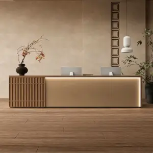 Custom Modern Minimalist Fluted Wood Reception Desk with LED Light Front Counter for Office Hotel Spa Salon