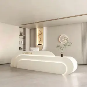Custom Modern Long Curved Reception Desk Recessed Line LED Light Front Counter for Office Hotel Beauty Salon