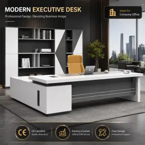 High Quality Modern Eco-Friendly Modular Executive Computer Desk PVC Top White L-Shaped Boss Office Commercial Use Box/File
