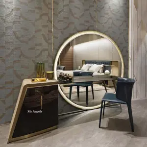 Simple Home Furniture Luxury Modern Bedroom Makeup Table With Big Round Mirror Unique Dressing Vanity Table With Drawer