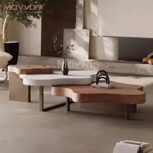 Modern Creamy Style Cloud Shaped Coffee Table Set Extendable Nordic Modular Wooden Top with Glaze Finish for Living Room