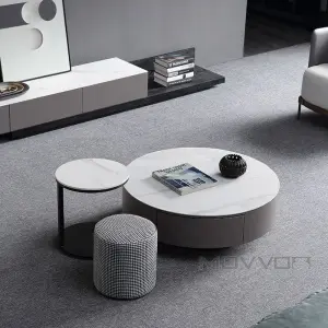 Wholesale Furniture Design Modern Round Coffee Tables Sets Stone Top with Storage Walnut Base Tea Coffee Table Set