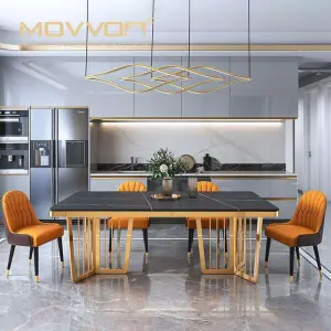 Modern Luxury Dining Table Set Golden Stainless Steel with Adjustable Sintered Stone Top Home Furniture for Dining Room Decor