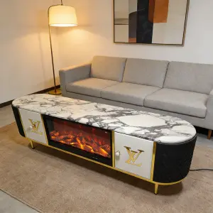 Movvon Artificial Marble Top Electronic Fireplace TV Stand 3D Flame Storage Modern Light Luxury Living Room Home Furniture