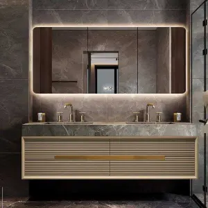 Light Luxury Fluted Floating Double Sink Waterproof Wall Mounted Bathroom Vanity with Gold Hardware Smart LED Mirror Cabinet