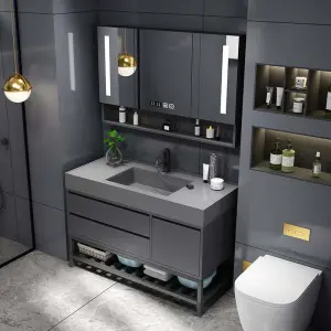Customized Wholesale Modern Luxury Dark Grey Floor-standing Bathroom Vanity with Integrated Basin and LED Mirror Cabinet