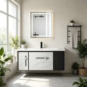 Customized CE Unique Black and White Double-color Fluted Antique 40-inch Bathroom Storage Cabinet Floating Bathroom Vanity Set