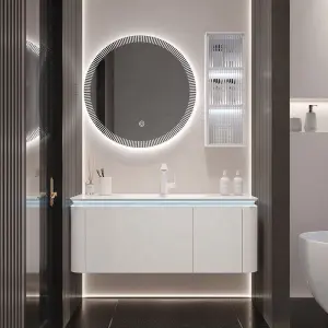 Customized Wholesale White Plywood MDF PVC Solid Wood Material Lighting Smart Bathroom Vanity with Sink and Smart Mirror