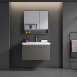 Customized Modern Gray Wall-mounted Bathroom Vanity Set with LED Mirror Cabinet Integrated Ceramic Basin for Apartment Project
