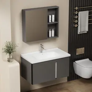 Customized Modern Dark Gray Wall-mounted Bathroom Vanity Set with LED Mirror Cabinet Ceramic Basin for Apartment Project